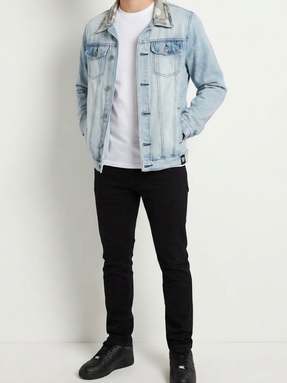 Encrypted Supply Company Light Wash Denim Shirt Jacket Blue W/ Camo Collar Men's
